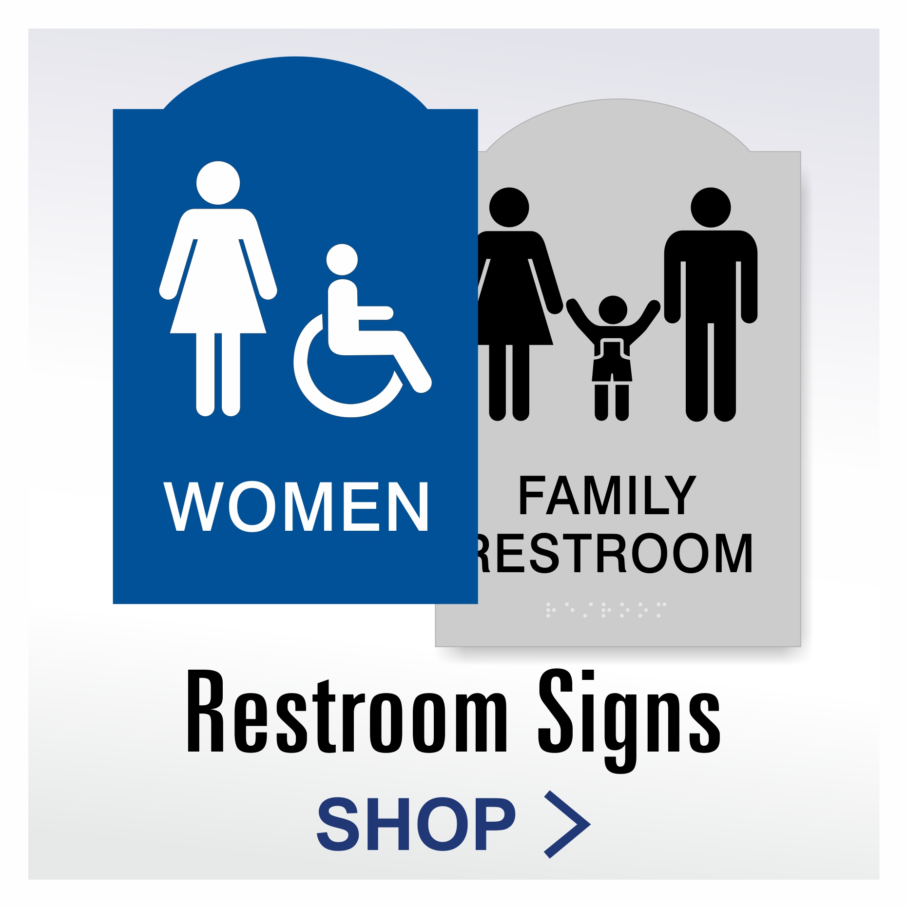 Crown ADA restroom signs with decorative crown profile and tactile lettering